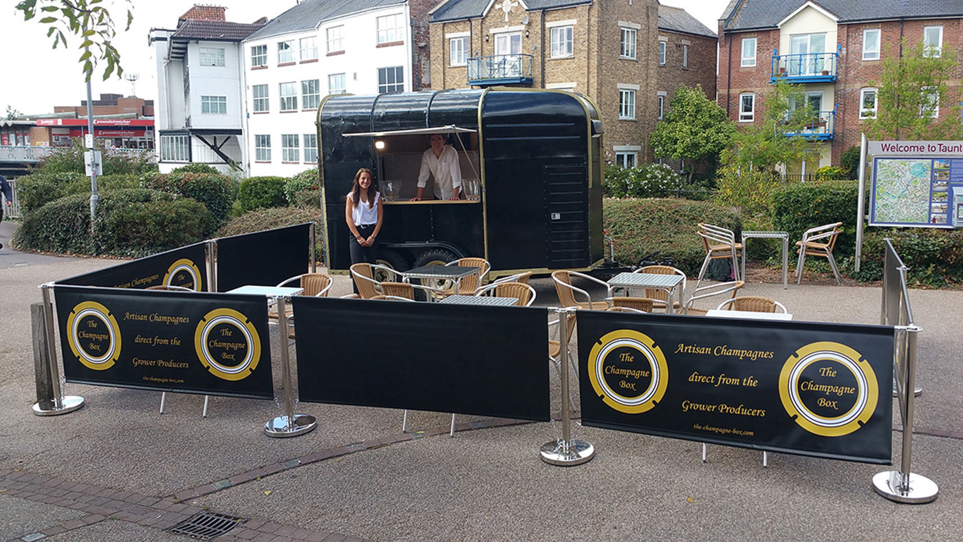 Image of a converted horse box that is The Champagne Box